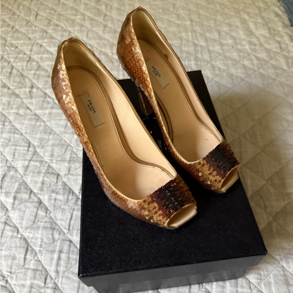 Vintage Prada Brown Sequin Peep Toe Heels